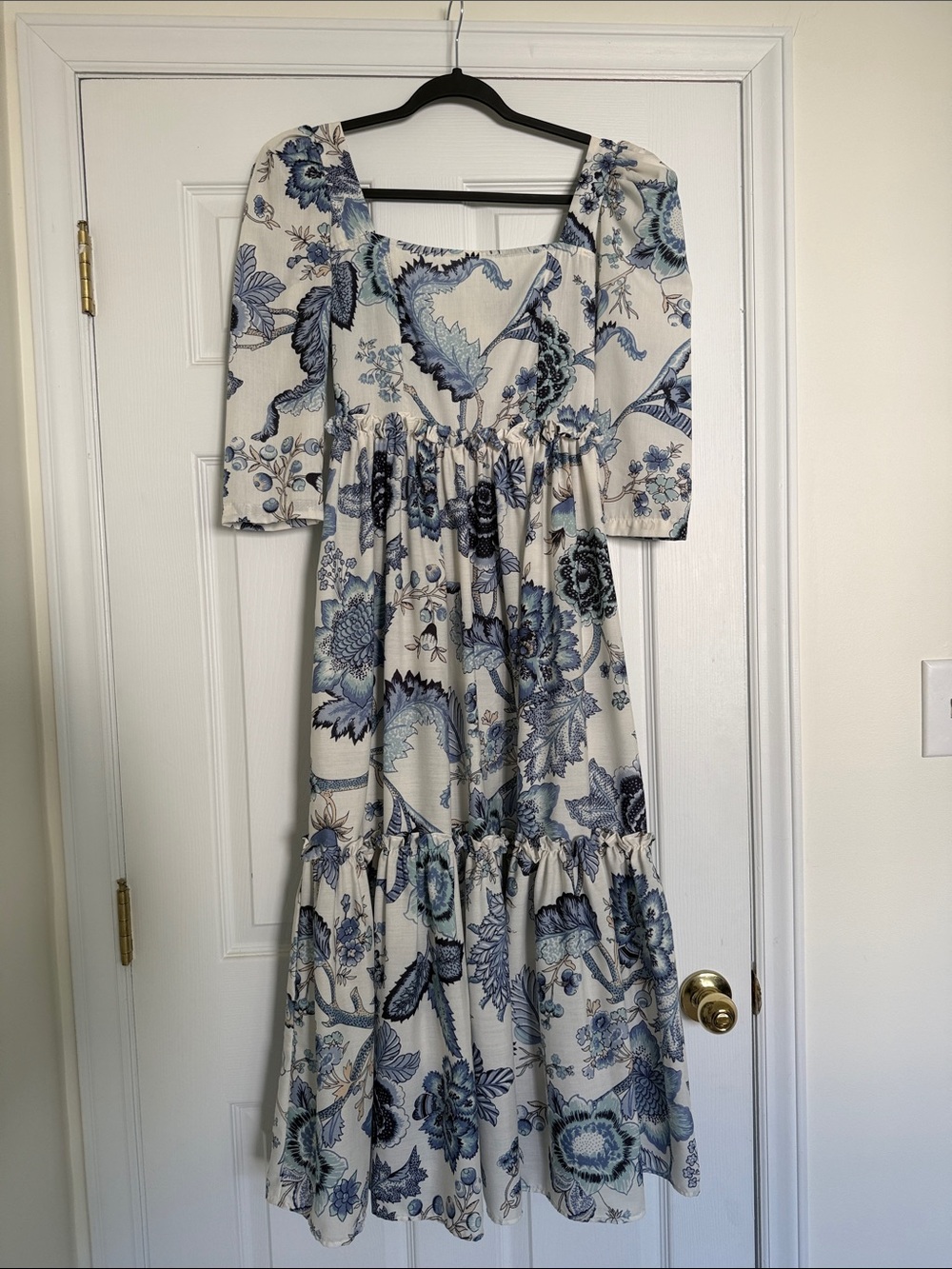 Blue Floral Maxi Dress with Square Neck
